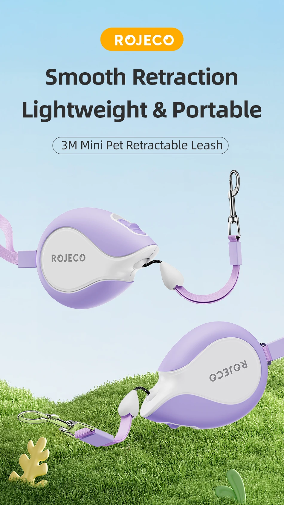 ROJECO Mini automatische einziehbare Hundeleine, 3 m ausziehbares Seil für Outdoor-Reisen, Wandern, Haustier, Katze, Hunde, Zugseil – Detail 1