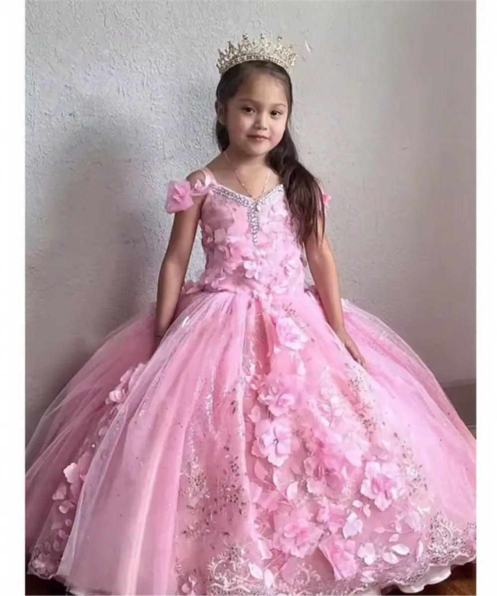 

Cute Applique Lace Bow Flower Girl Dress Purple Puffy Shining For Wedding Kid Birthday Party Princess First Communion Ball Gown