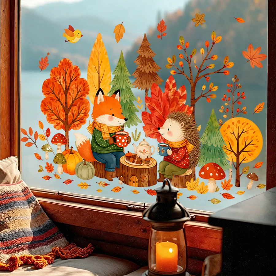 1pc autumn window decal, cute fox & hedgehog tea party, Removable, no glue, watercolor maple leaves. Great for home decor  ﻿ ﻿ ﻿
