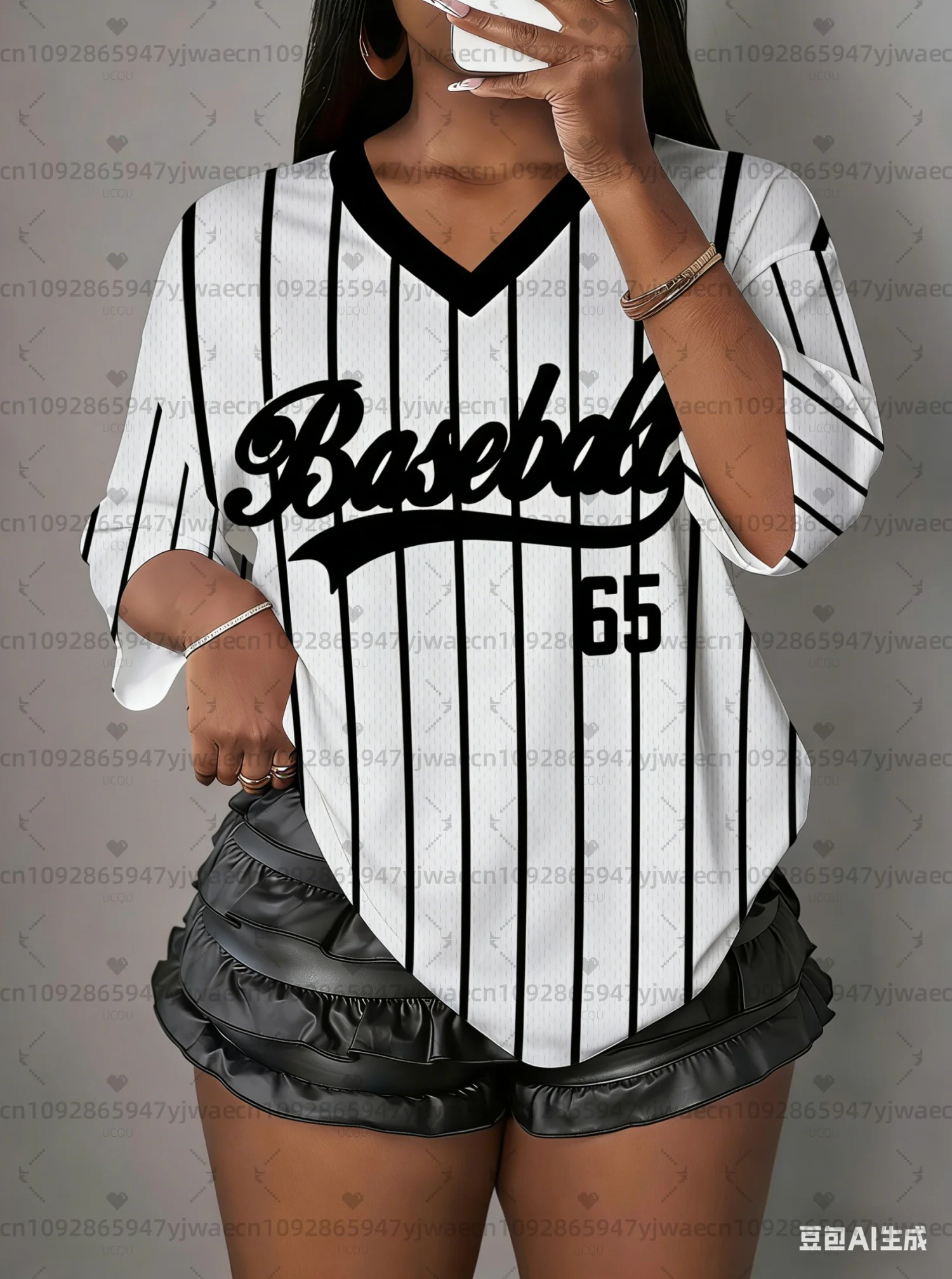 2026 Summer Baseball 65 Print Woman T Shirt Girl Oversize Daily Top Female Creativity Street T Shirt V-Neck T-Shirt Casual Cloth