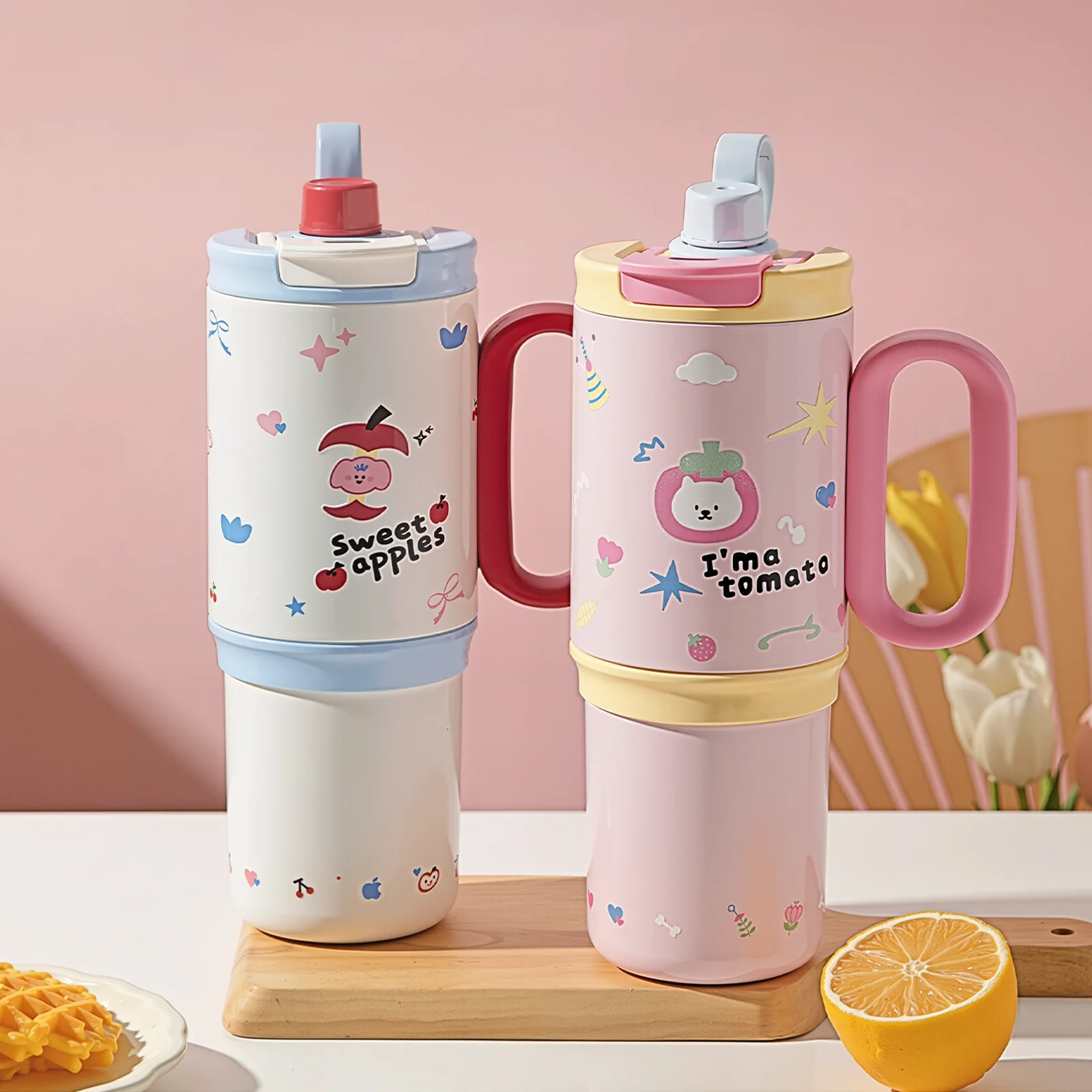 Vaso aislado de 32oz con pajitas con asa y tapa, soporte para taza de café de viaje de acero inoxidable, botella de agua de Metal que mantiene D