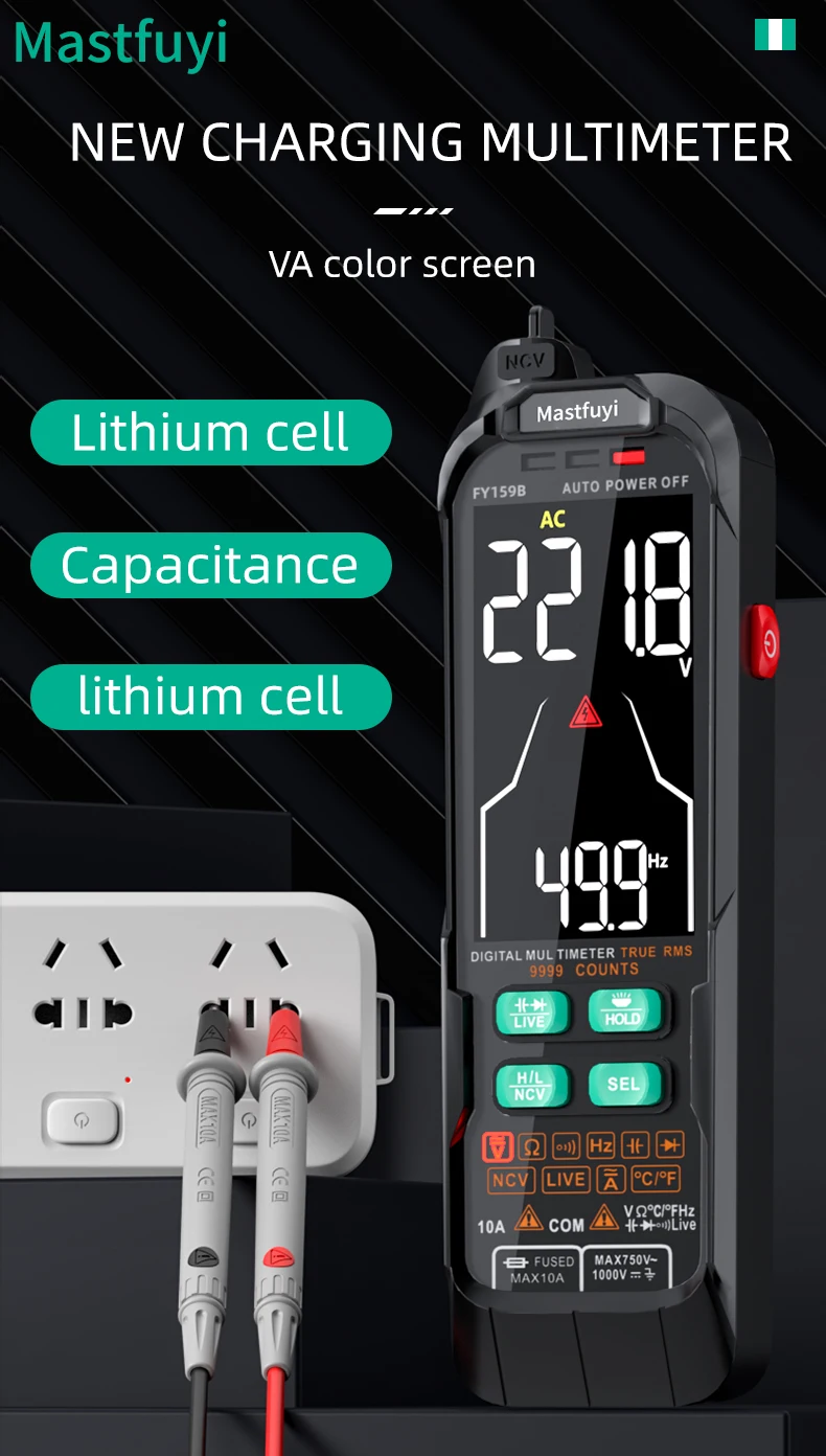 MASTFUYI Digital Smart Home Multimeter AC & DC Current Voltage, Resistance, Ohms, Temperature, Frequency, Color Display, Diode