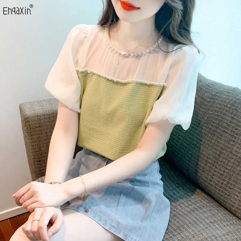 EHQAXIN Women's T-Shirt 2023 Summer New Korean Round Neck Sweet Bubble Sleeve Beaded Short Sleeve Lace Loose Chiffon Shirt S-2XL