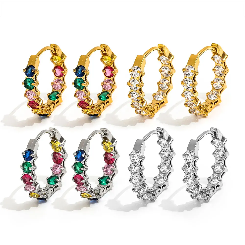 

Joolim Jewelry High End PVD Wholesale Waterproof Fashion Luxury Colorful Zirconia Pave Huggie Stainless Steel Earring For Women