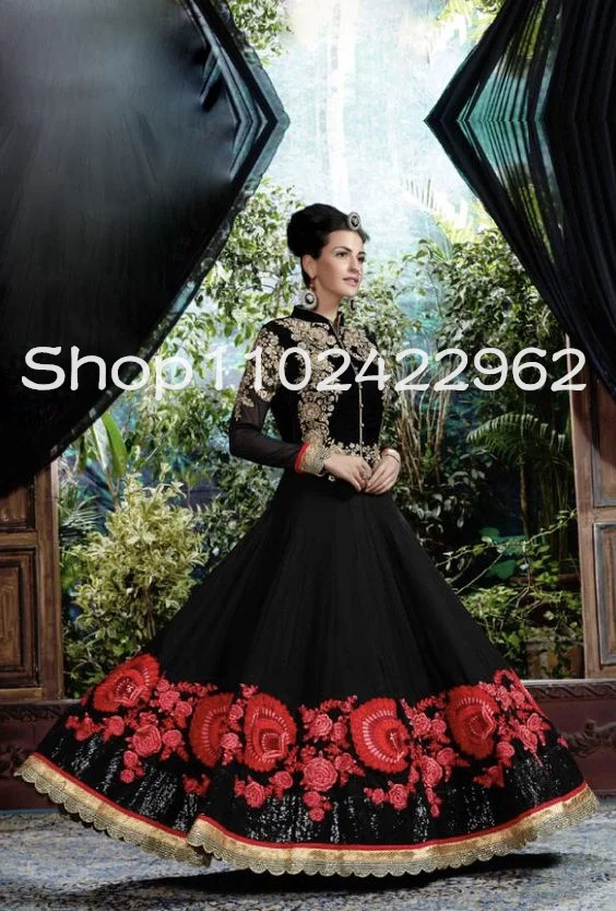 Black Muslim Sarees Prom Occasion Dresses with Long Sleeve Gold Applique Embroidery Anarkali Suits Arabic Evening Gown