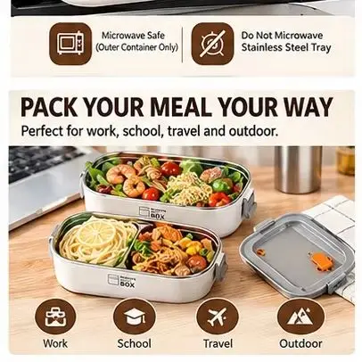 Double Layer 304 Stainless Steel Bento Box Leak Proof Lunch Box Portable Food Container for Office School Picnic