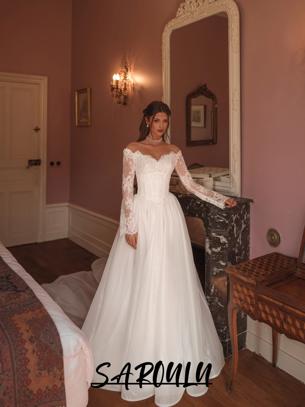 

Flowy A Line Romantic Lace Wedding Dress Simple Off-the-shoulder Beautiful Corset Bridal Gown Customized Long Train Women Wear