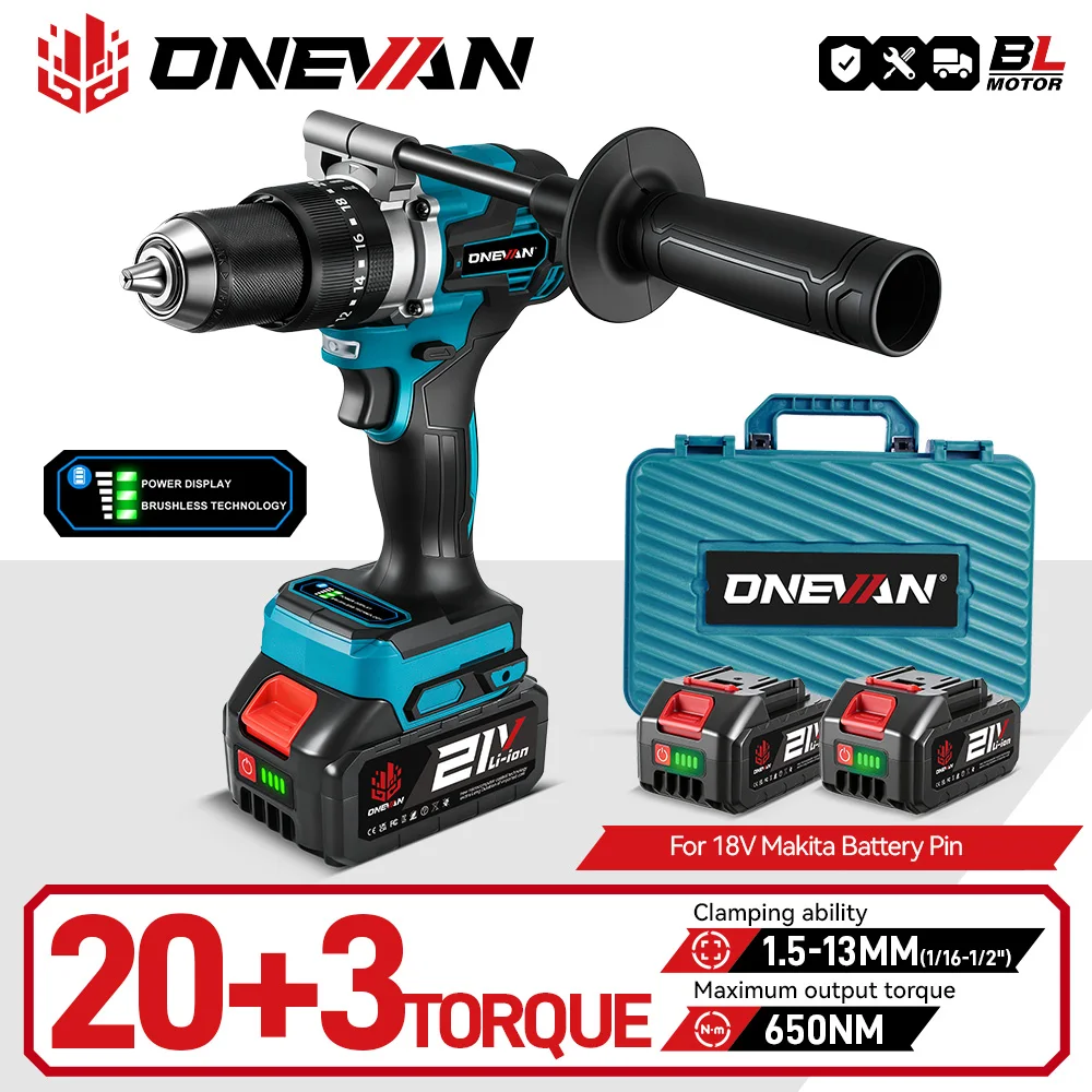 ONEVAN 650NM Bürstenloser Schlagbohrschrauber, 20 Gänge, Akku-Schlagbohrmaschine, Schraubendreher, 13mm Bohrfutter, für Makita 18V Akku