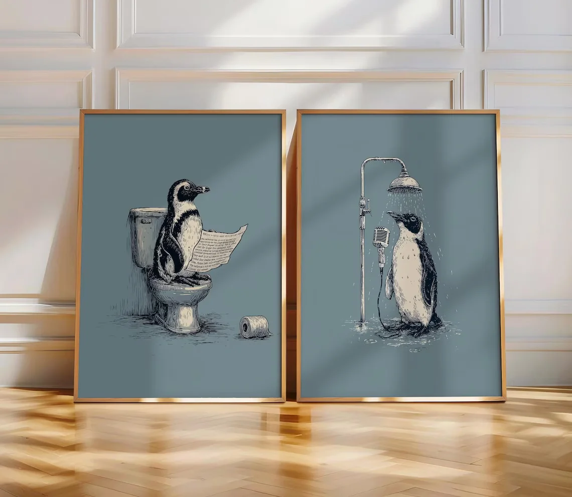 Penguin Bathroom Prints (Set of 2) - Bathroom Wall Art - Guest Toilet Decor - Funny Penguin Shower and Toilet Art