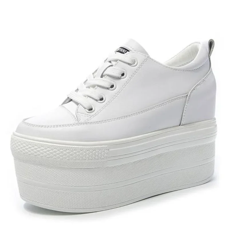 

Лидер продаж, женская вулканизированная обувь из натуральной кожи 12 см, кожаная обувь на платформе, на высоком каблуке, белые туфли на шнуровке, повседневная обувь