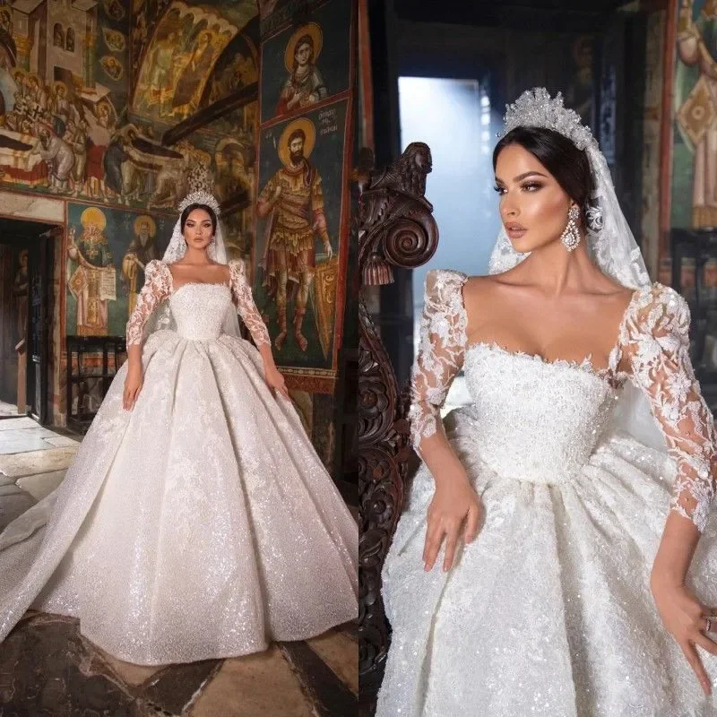 Flavinke مخصص جديد الكرة ثوب الأميرة فساتين زفاف يزين الترتر طويلة الأكمام الدانتيل الكشكشة زي العرائس حجم كبير