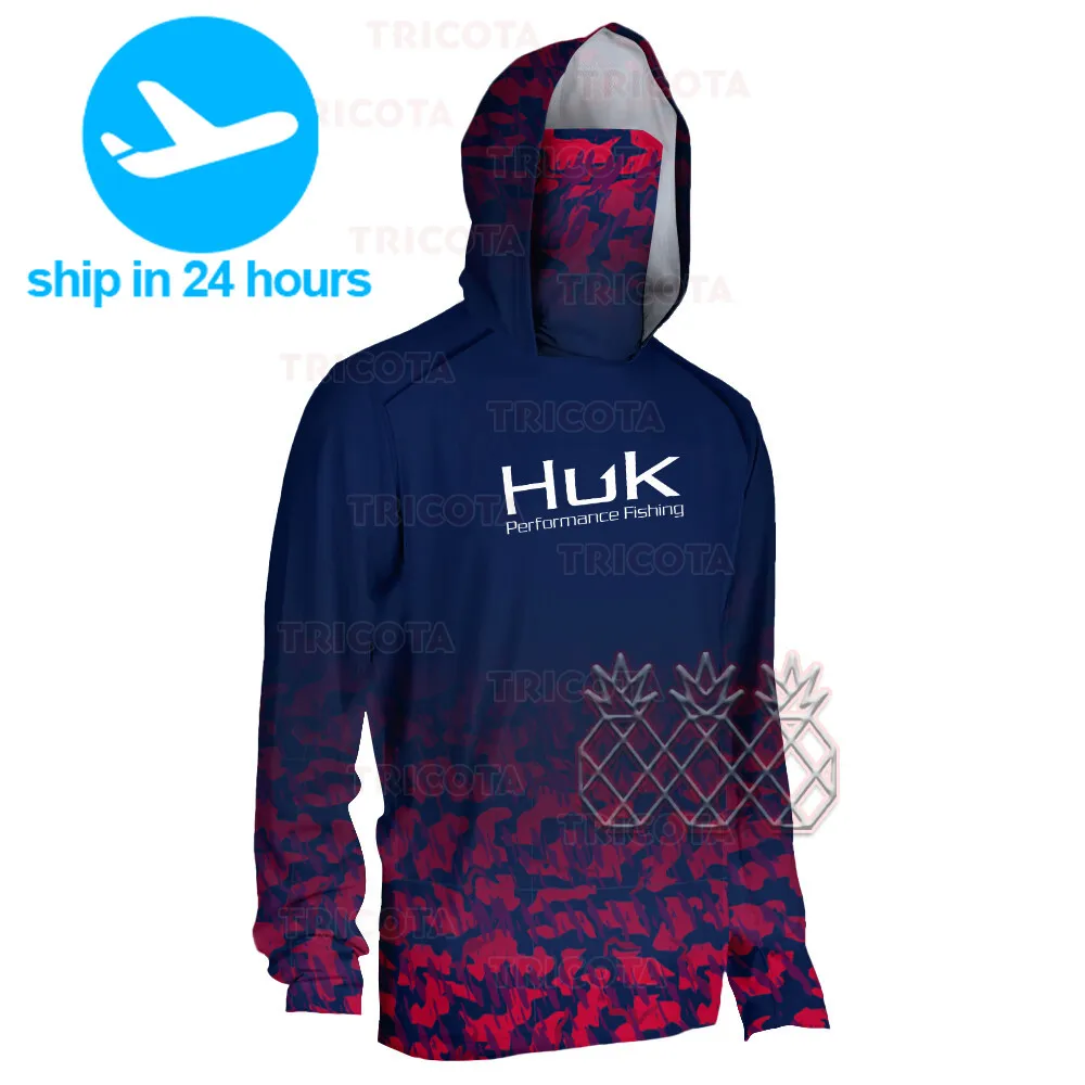 

HUK Fishing Shirts Men's Hooded Long Sleeve Fishing Clothing Uv Protection Upf 50+ Camisa De Pesca Outdoor Mask Fishing Clothes