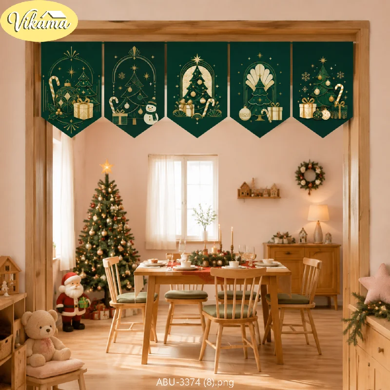 VIKAMA Affordable Luxury Christmas Tree Pennants Dark Green with Gold Thread Christmas Pennant Garland Festive Home Decor