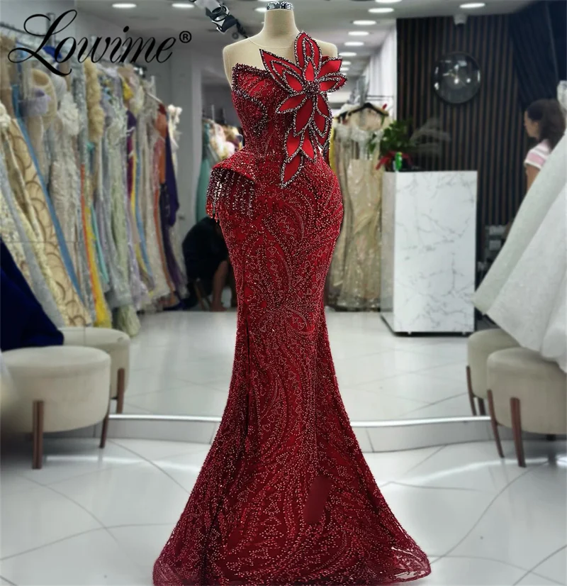 

Lowime Abendkleider 3D лист бусины красные платья для вечеринки Aso Ebi Русалка платье для выпускного вечера 2024 арабское помолвка женское платье