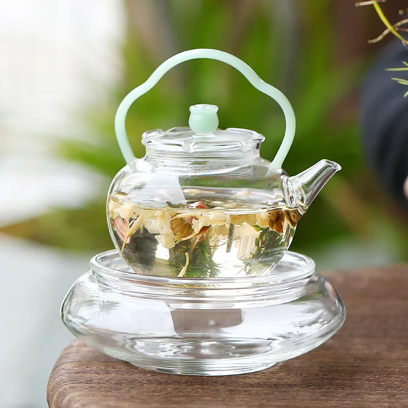 Tetera con mango de lirio del valle de vidrio de borosilicato resistente al calor, tetera para elaboración de té verde, té de flores, tetera fría