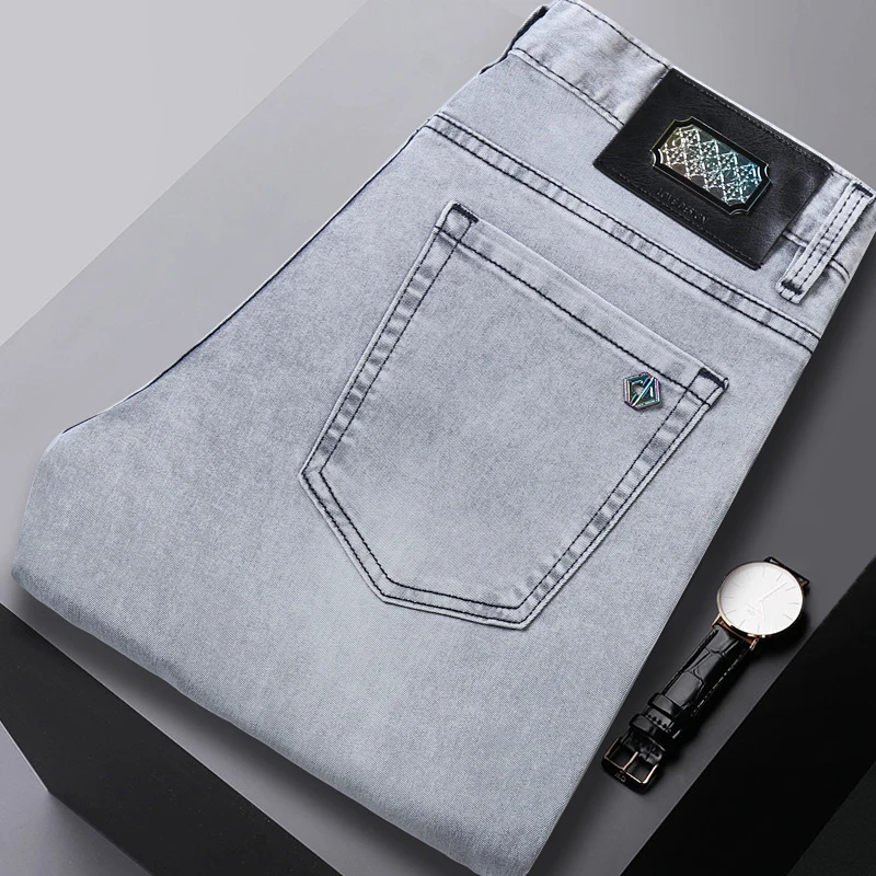 Light gray summer jeans MEN'S thin breathable soft stretch slim fit pencil street fashion high-end casual boys