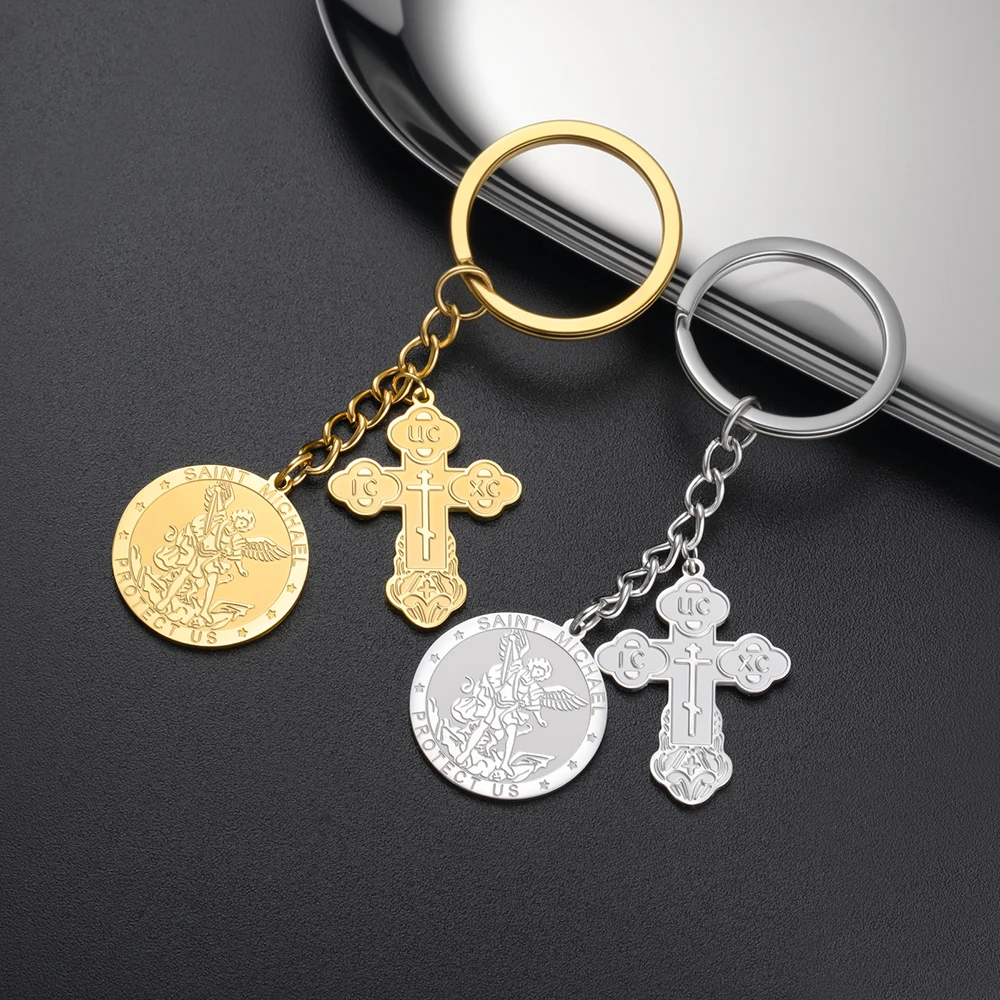 Dawapara Orthodoxes Kreuz und Heiliger Michael Anhänger Schlüsselanhänger Religiöses Gebet Erzengel Christlicher Talisman Edelstahl Schlüsselring – Detail 7