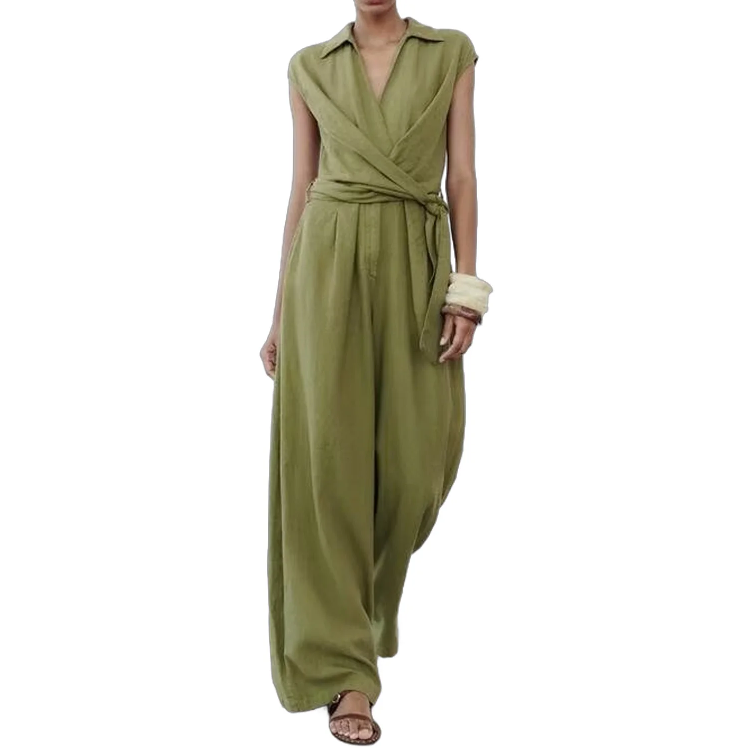 Women\'s Monochromatic Jumpsuit Linen Blend Waist Tie and knot Decoration for Commuting Style Versatile Long Pants New