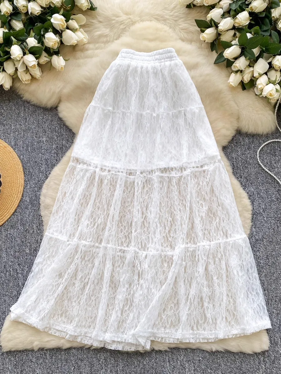 

Foamlina 2025 Summer French High Waist Slim Fit A-Line Midi Skirt Sweet Gentle Versatile White Casual Holiday Lace Skirt