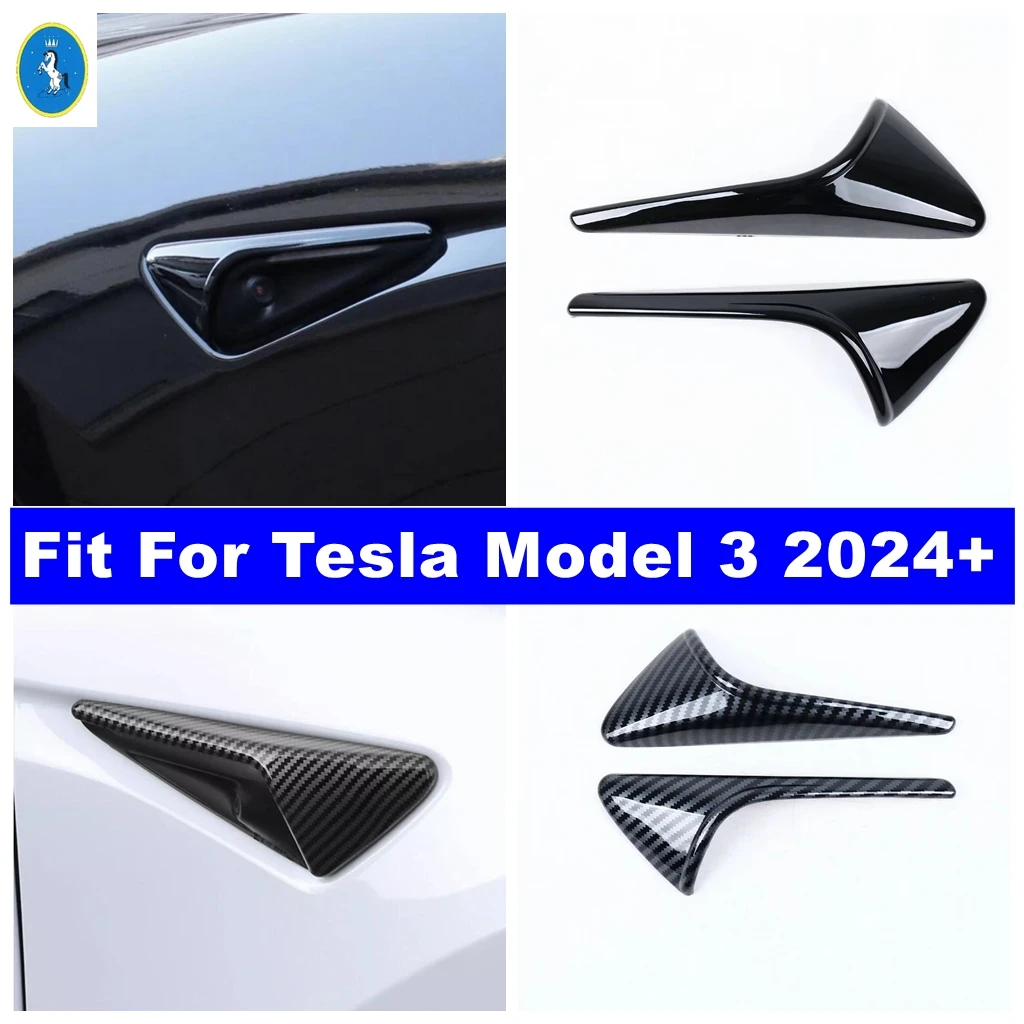 

Car Side Camera Protector Decor Stripes Cover Trim For Tesla Model 3 2024 ABS Black / Carbon Fiber Look Accessories Exterior Kit