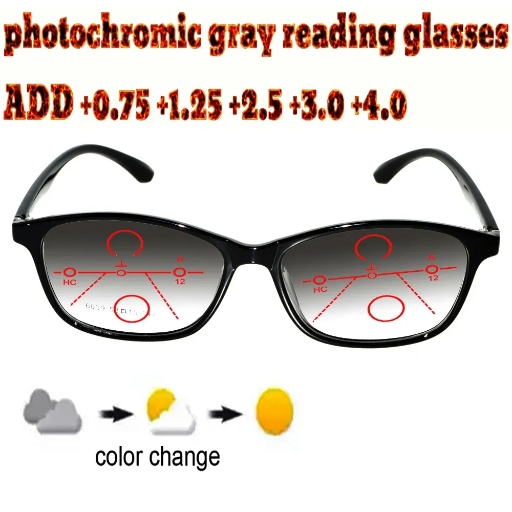 

Photochromic Gray Progressive Multifocal Reading Glasses Men Woem Ultralight Black Frame+1.0 +1.5 +1.75 +2.0 +2.5 +3 +3.5 +4