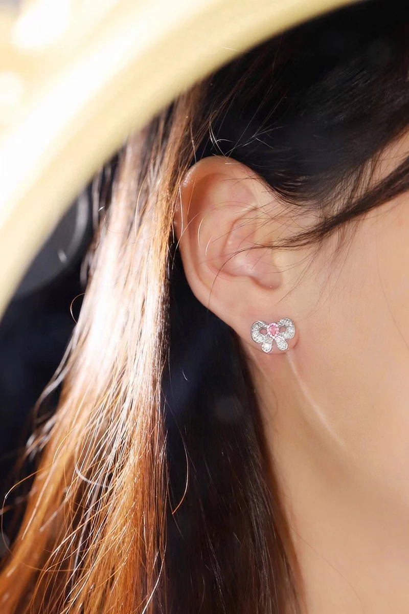 KUGG 100% 18K White Gold Earrings Shiny Real Natural Pink Diamond Stud Earrings for Women Cute Bowknot Shape Wedding Jewelry