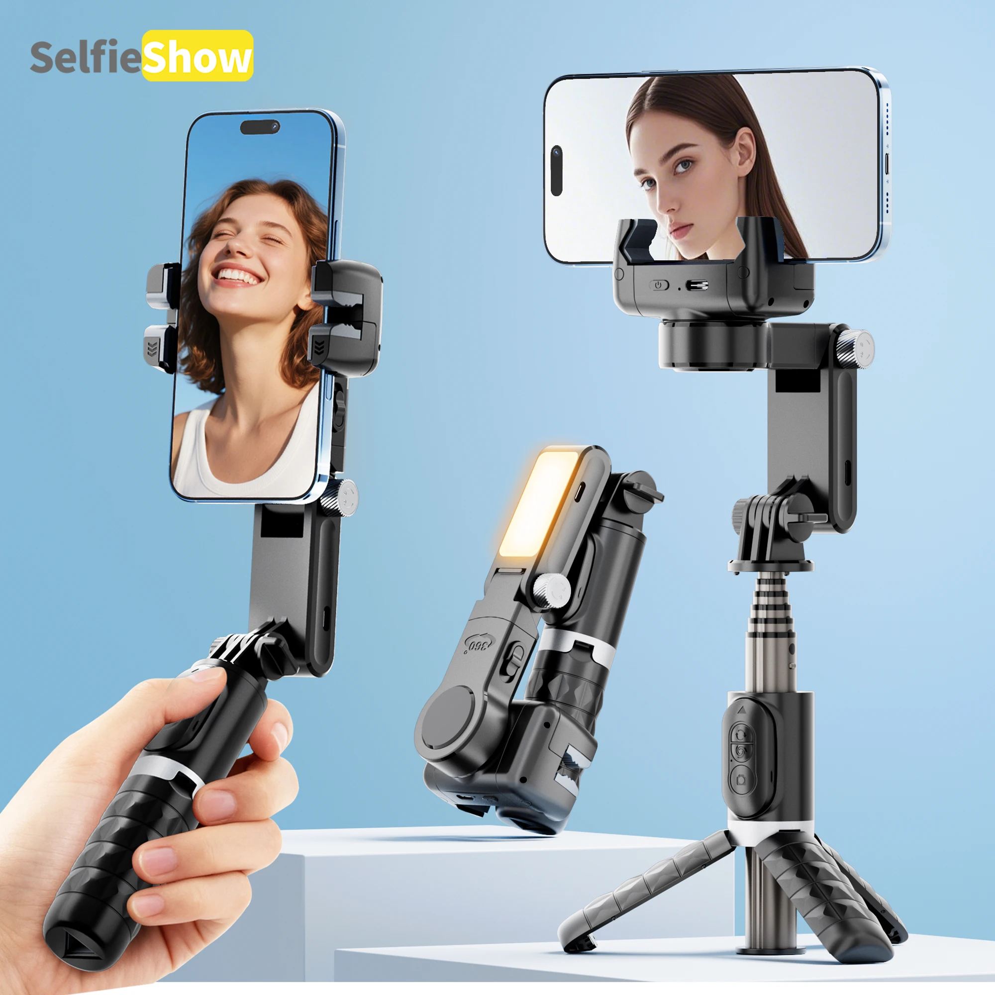 

Selfieshow Q18 Following Shooting Mode Gimbal Stabilizer Selfie Stick Tripod with Fill Light for iPhone Cell Phone Smartphone