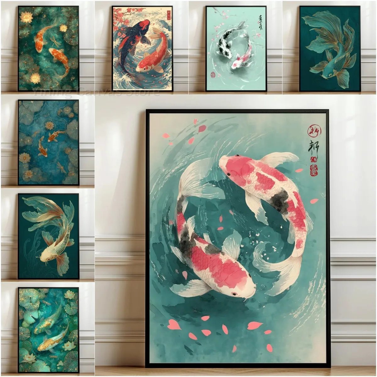 Pôster de yin yang koi, arte de parede de peixe koi, pintura de ondas japonesas, decoração de sakura, arte tradicional asiática, decoração de casa zen