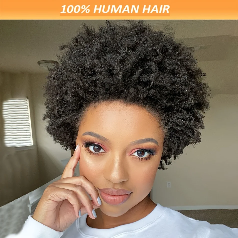 Afro Short Curly Human Hair Full Machine Wigs For Women 150% Density Short Remy Human Hair Wig image 3