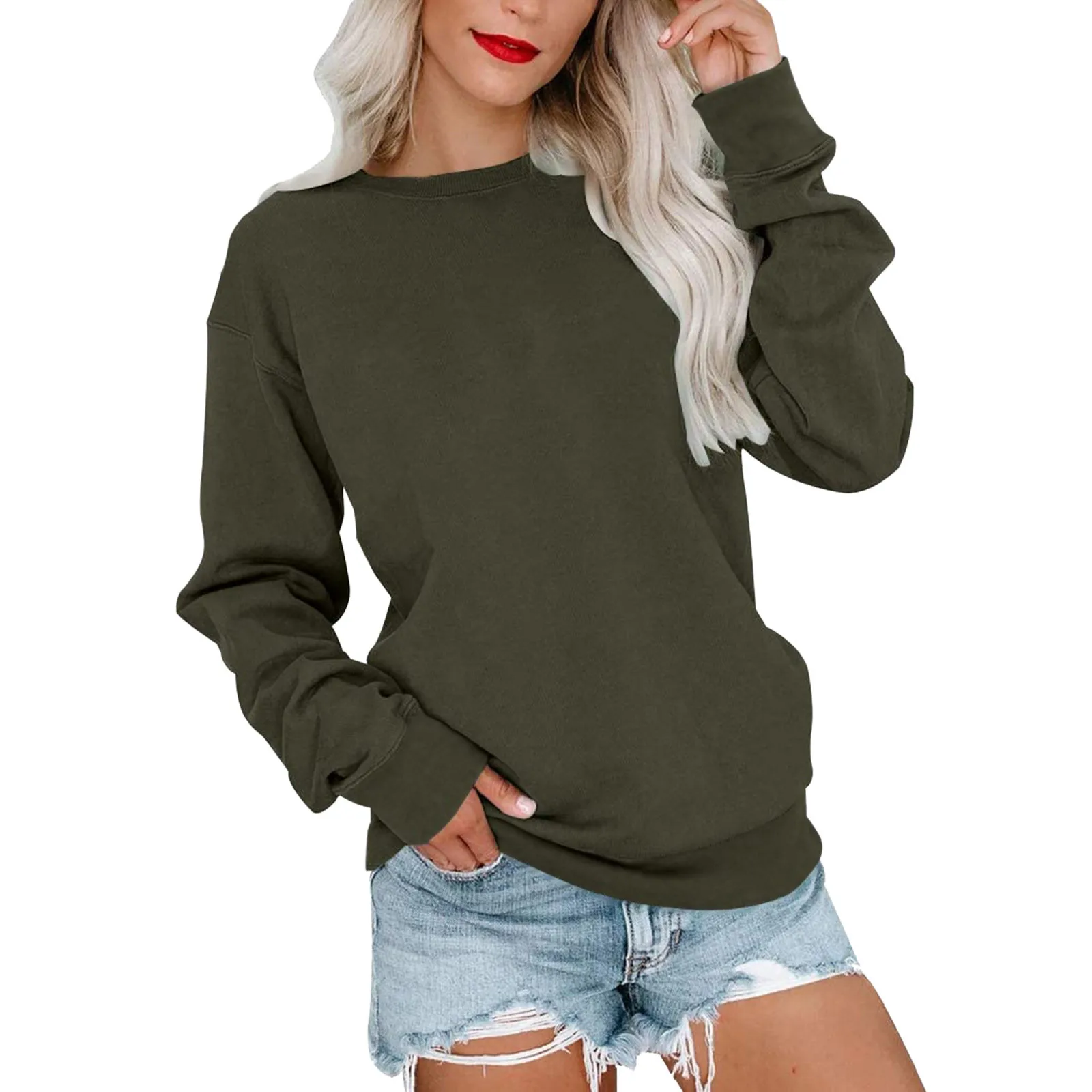 2024 Women\'s Autumn Winter Daily Sweatshirts Long Sleeve Loose Casual Solid Fashion Pullover Sports Long Sleeve Tops For Women