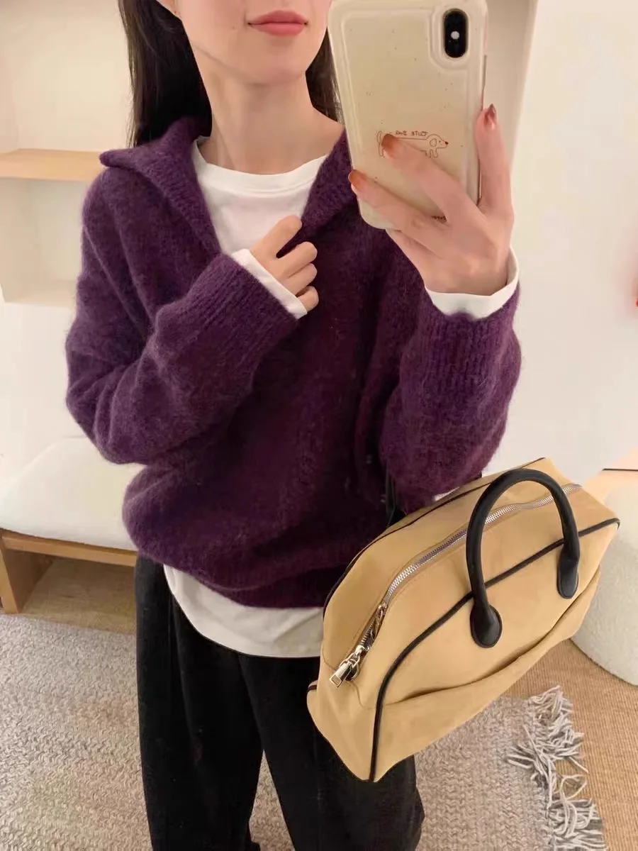 بلوفر رمادي محبوك برقبة على شكل حرف V للنساء، منتج جديد لخريف وشتاء 2025، بلوزة فضفاضة وبسيطة مع ياقة قلابة