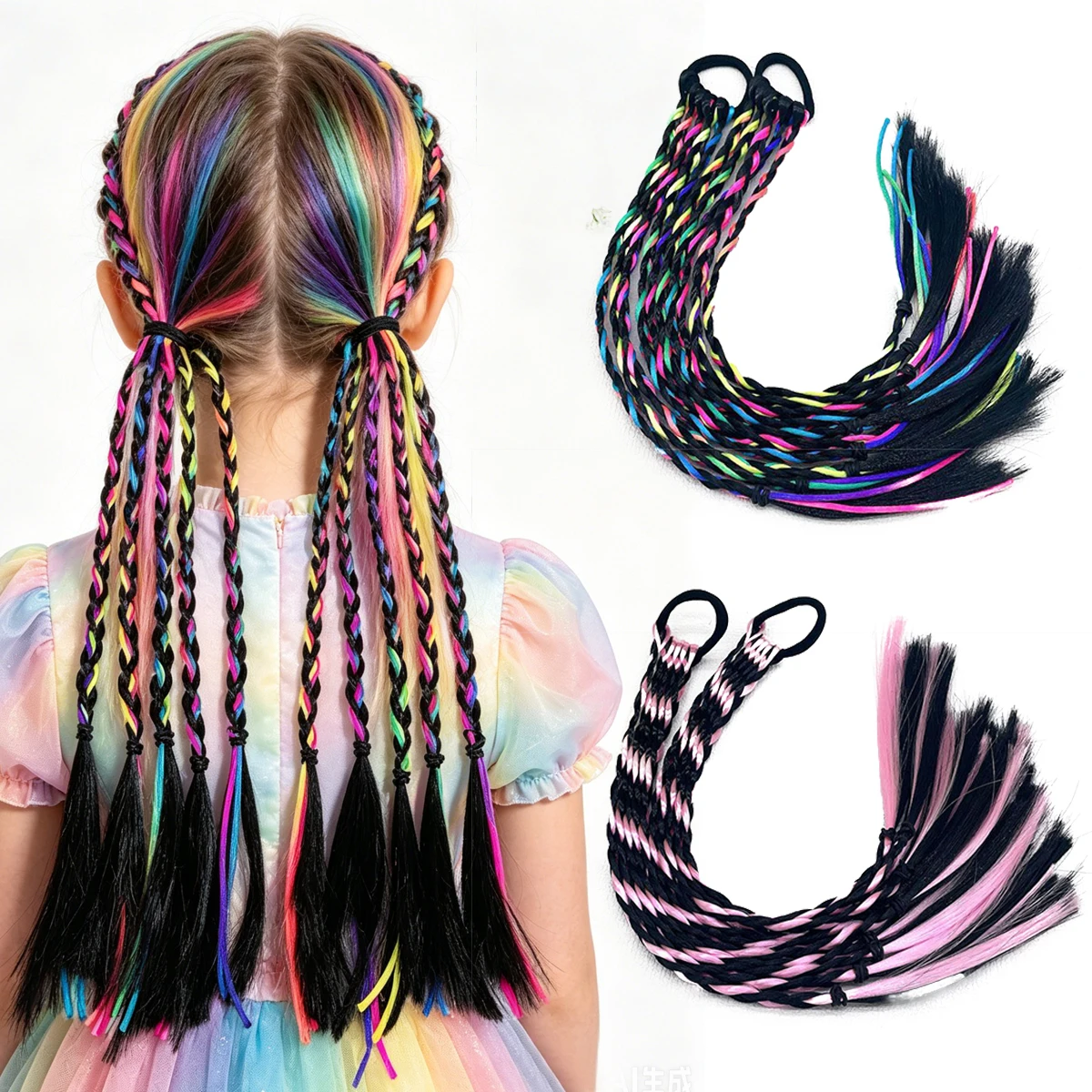 

2Pcs Kids Rainbow Braids Ponytail Synthetic Colored Braided Hair Extensions Rainbow Braids Hair Accessories For Little Girls