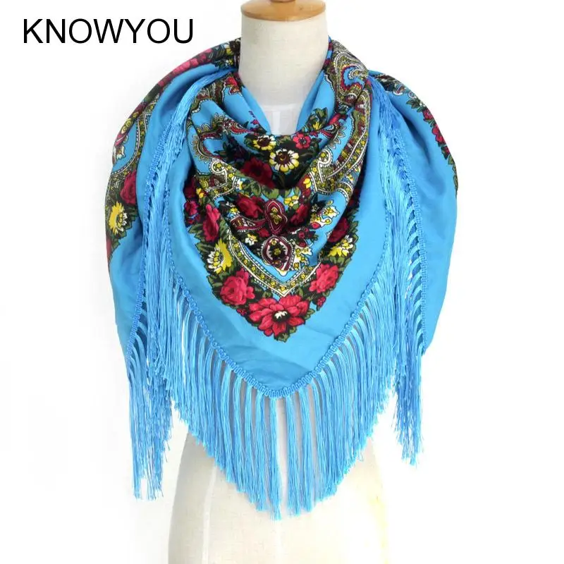 Russian Ethic Style Scarf Plus Size 135*135Cm Square Pashmina Women Retro Print Floral Wrap and Shawls Fringe Mujer Bufanda