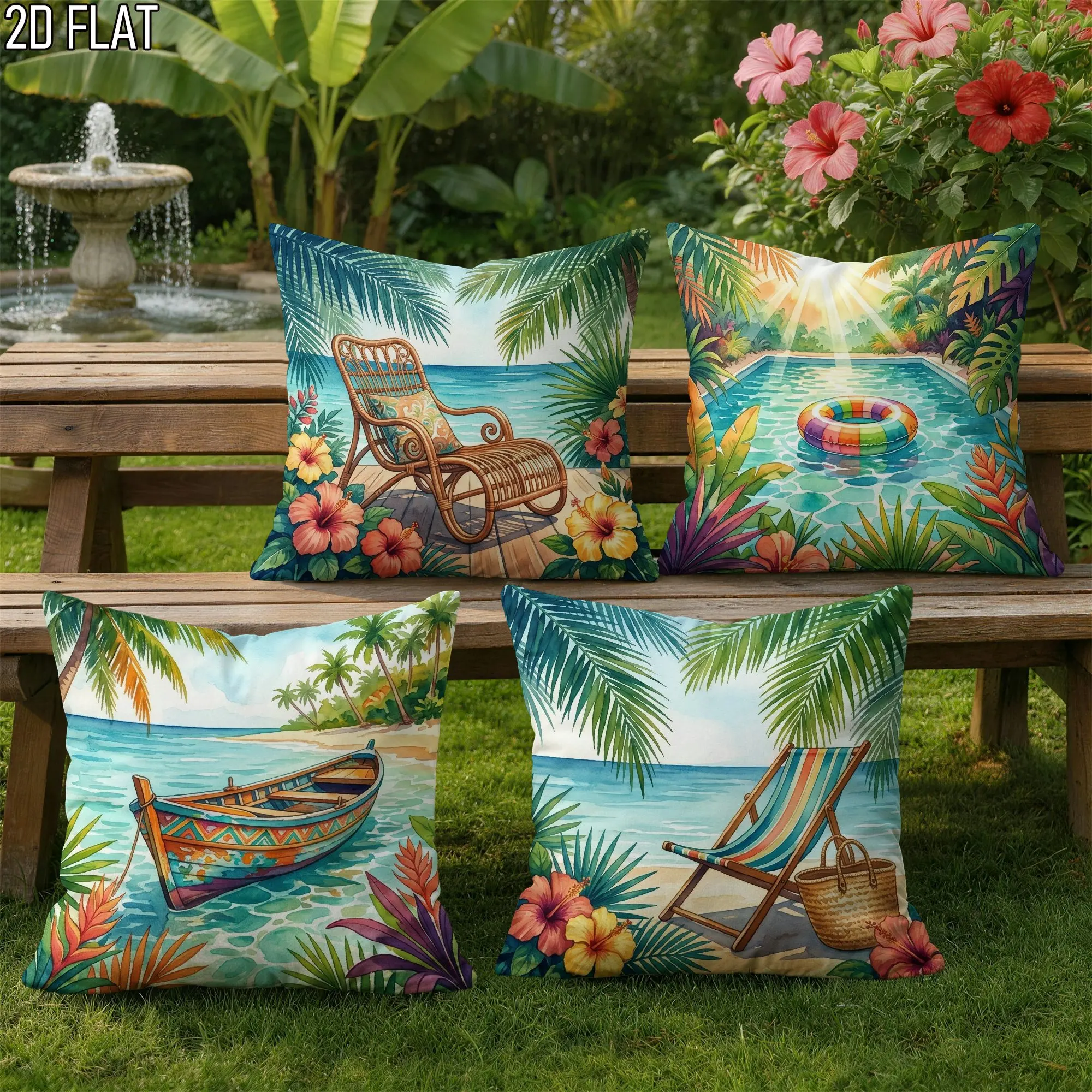4-Piece Tropical Beach Throw Pillow Set - Vibrant Ocean, Palm Leaf, and Beach Chair Designs for Outdoor Decor