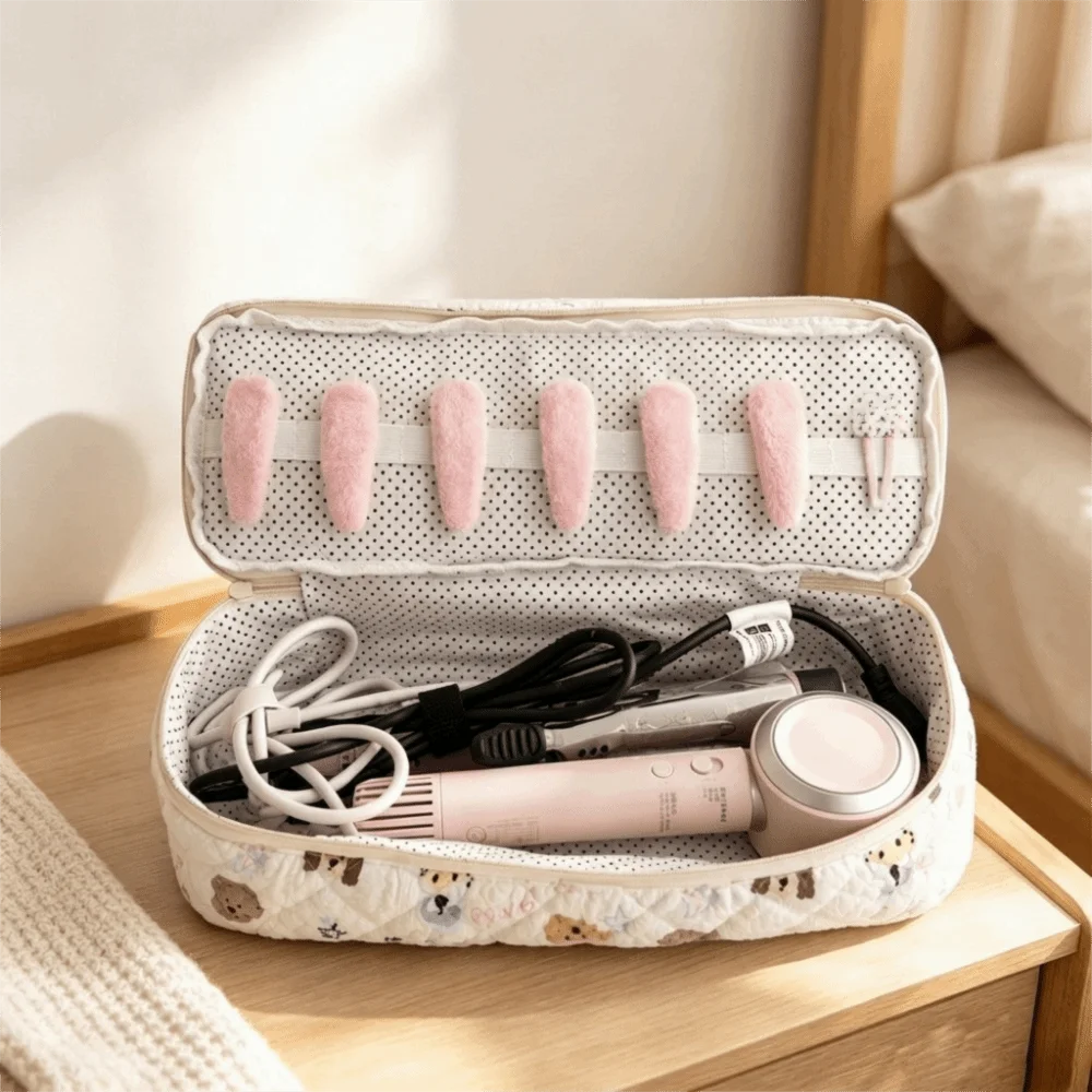 Cute Double Layer Hair Dryer Bag Large Capacity Waterproof Curling Iron Storage Bag Dust-proof with Handle Zipper Carrying Case