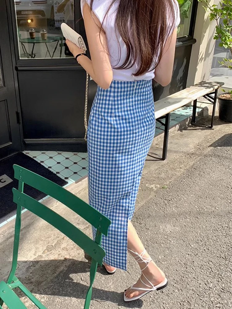 Gonna scozzese retrò Estate da donna Nuovo design coreano Vita alta Gonna avvolgente dimagrante Gonna di cotone a trapezio di media lunghezza