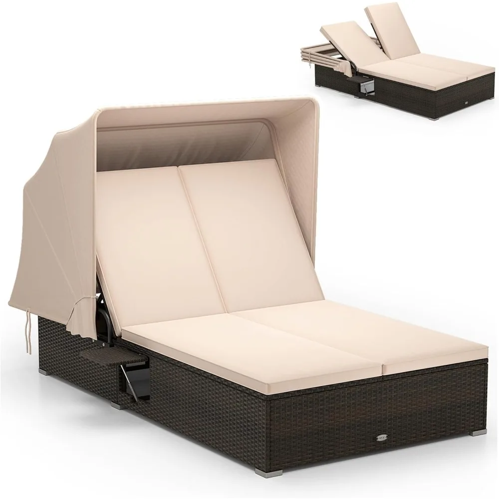 

Outdoor Daybed with Retractable Canopy - Wicker Double Chaise Lounge w/6-Position Backrest, 2 Folding Side Trays & Cushions