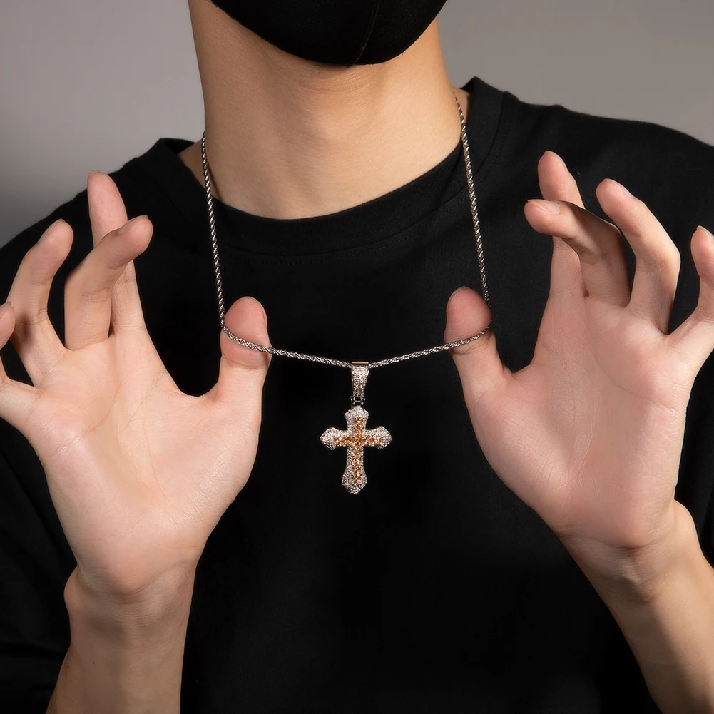 TBTK 2 Sizes Colorful Cross Pendant Iced Out Colorful BaguetteCubic Zirconia Charm Fashion Necklace Hiphop Jewelry For Gift