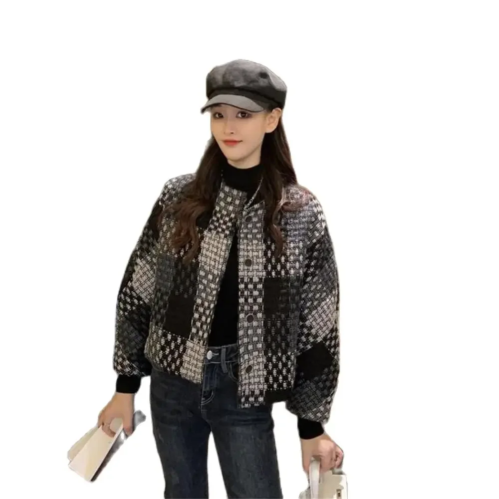 

Pop Woman Jackets Autumn Korean O-Neck Long Sleeve Plaid Tweed Outerwear Vintage Plaid Elegant Casual Coat Women Wool Japanese T