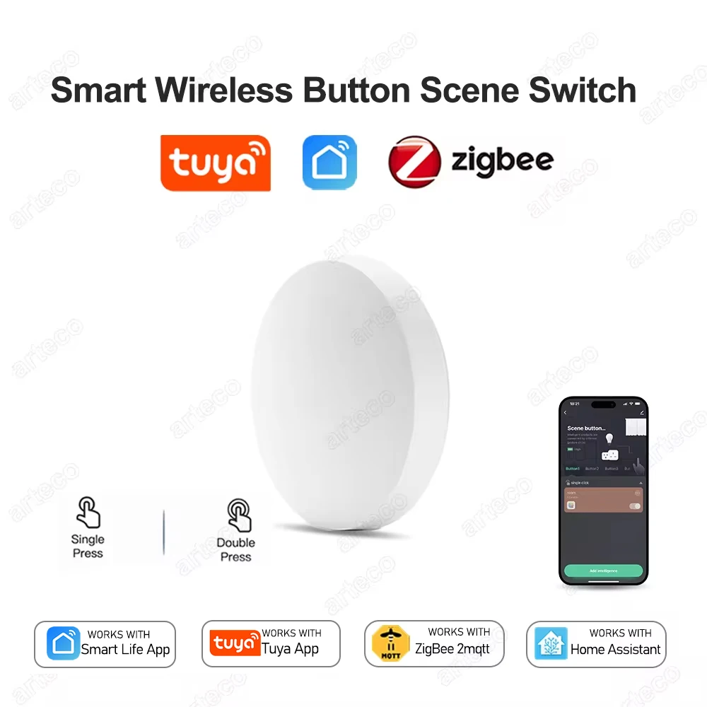 Tuya ZigBee Smart Scene Switch Battery Powered Smart Home Scene Switch Button Support Smart Life App Home Assistant Zigbee2mqtt