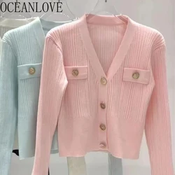 OCEANLOVE Autumn Winter Clothes Women Sweaters Solid V Neck Korean Fashion Short Cardigans Elegant Sweet Sueter De Mujer