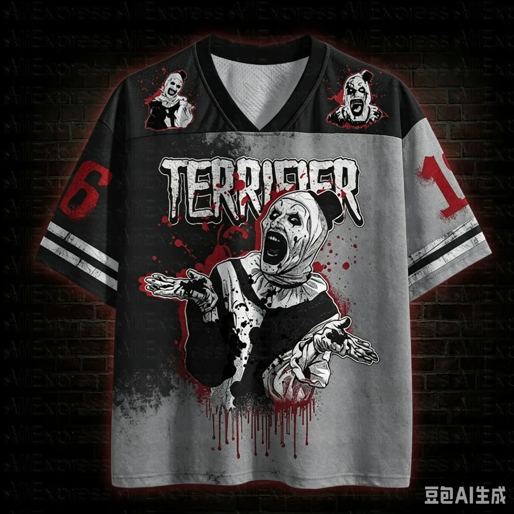 Coole Streetwear im Gothic-Horror-Stil, 3D-Druck, feuchtigkeitsableitendes V-Neck-Shirt für Männer und Frauen, Streetwear für Eltern und Kinder – Detail 3
