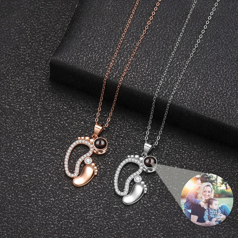 

Footprint Pendant Custom Photo Necklace for Women Projection Photo Necklace 925 Silver Chain Couple Family Baby Memory Gift