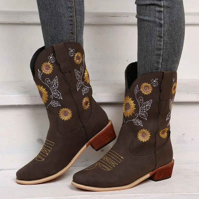 Women\'s Boots PU Leather Printed Embroidered Boots Classic High-top Casual Womens Shoes Sunflower Block Heel Ladies Boots Botas