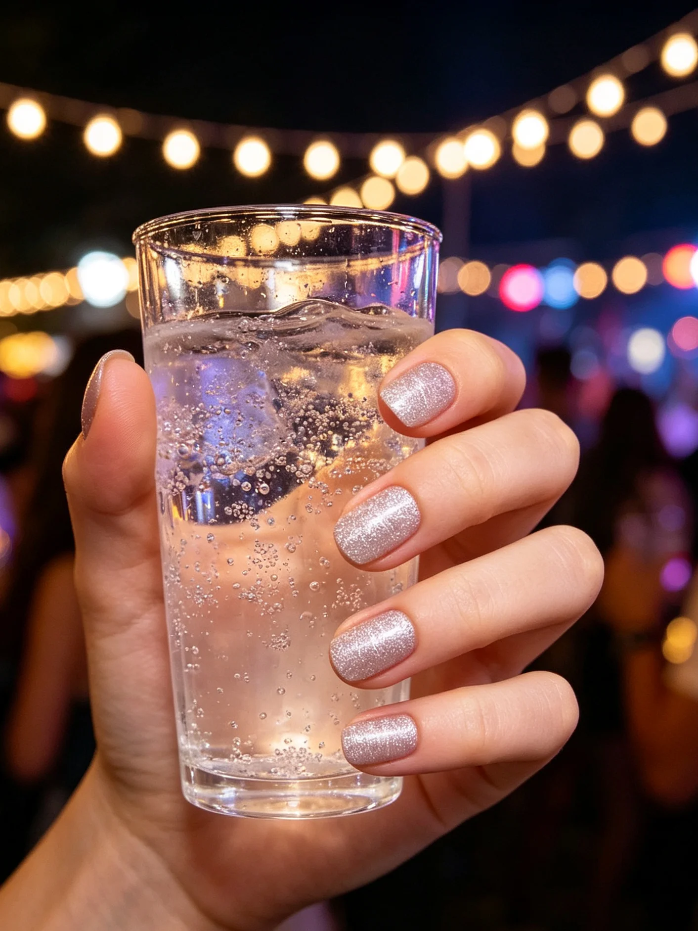 Glitter Champagne Press On Nails, Short Square Fake Nails, Sparkly False Nail Kit for Women, 24 Pcs Per Box