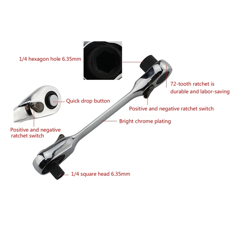 Cờ lê nhả nhanh 1/4 inch thực tế Cờ lê kép cho đầu Cờ lê bánh cóc với chuyển động 5 ° Cờ lê 72 răng cho ô tô Dropship