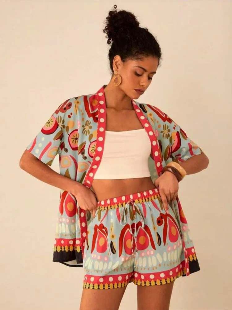 

Fashion Short-sleeved Cardigan Coat + Shorts 2-piece Set For Women's Summer Bohemian Printing Loose Casual Holiday Suit Female