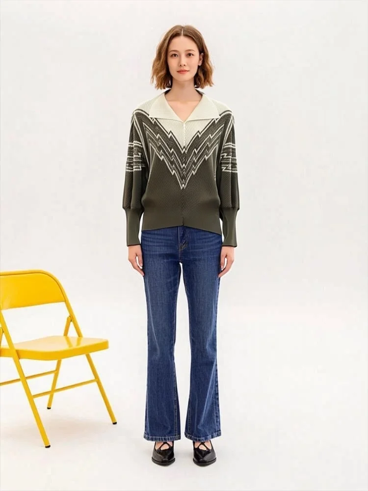 

Miyake Fold 2025 Autumn/Winter New Fashionable V-neck Contrast Printed Dragon Scale Fold Loose and Versatile Long Sleeve Top
