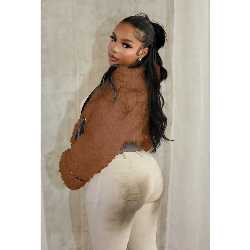 2025 الخريف الشتاء خمر الفراء المرقعة بولي Leather الجلود معاطف قصيرة النساء رفض طوق كم كامل سليم عادية تنوعا سترة