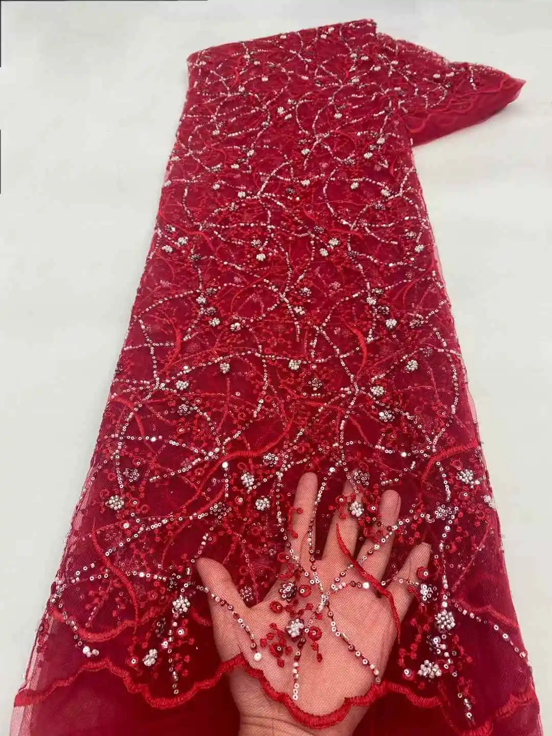 

Red African Sequins Beaded Net Lace Fabrics 2025 High Quality Sequence Embroidery French Nigerian Lace Fabric For Wedding Sewing